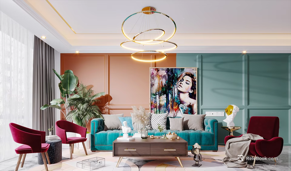 Turquoise Sofa and Wooden Coffee Table Set with Red Accent Chairs Colorful Artwork and Chandelier 3d model 