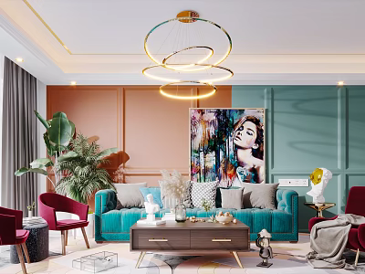Turquoise Sofa and Wooden Coffee Table Set with Red Accent Chairs Colorful Artwork and Chandelier 3d model