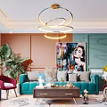 Turquoise Sofa and Wooden Coffee Table Set with Red Accent Chairs Colorful Artwork and Chandelier