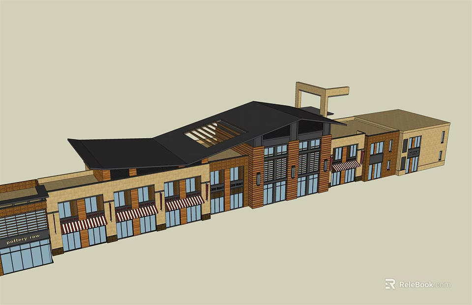 Modern Commercial Complex With Multi Story Design Black Roof Large Windows And Retail Spaces 3d model 