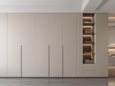 Modern Light Colored Wardrobe Design With Multiple Doors Open Shelving And Drawers 3d model
