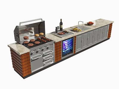 Modern Kitchen Interior Featuring Open Grill Marble Countertop Wine Cooler And Wooden Cabinets 3d model