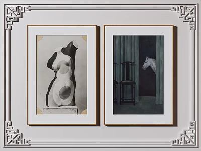 Two Framed Artworks Featuring Sculpture And Horse With Chair In Interior 3d model