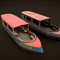 Old Colorful Yacht With Red Roof Blue Bottom Windows And Ride Line Sign