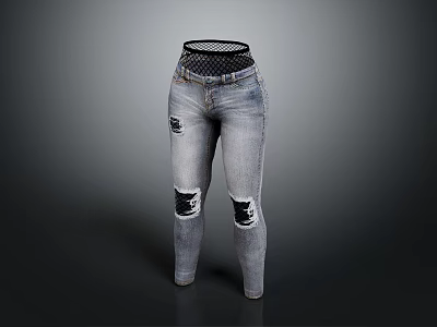 Distressed Jeans with Knee Patches Mesh Waistband Skinny Fit Casual Fashion 3d model
