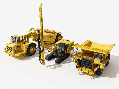 Yellow Heavy Duty Functional Vehicles Including Excavator Drill Rig Dump Truck for Construction Mining 3d model