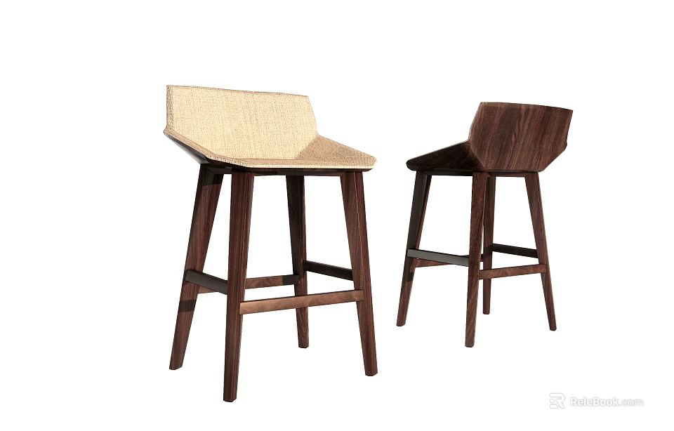 Modern Minimalist Bar Stools With Woven And Wooden Seats And Dark Wood Legs 3d model 