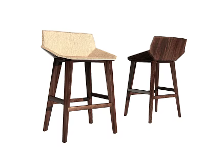Modern Minimalist Bar Stools With Woven And Wooden Seats And Dark Wood Legs 3d model