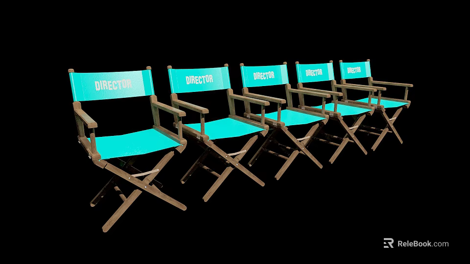Window Display Featuring Five Turquoise Director Chairs with Wooden Frames 3d model 