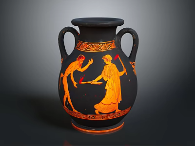 Decorative Ceramic Vase with Black Body and Orange Mythological Figure Paintings Two Handles 3d model