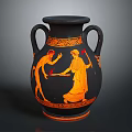 Decorative Ceramic Vase with Black Body and Orange Mythological Figure Paintings Two Handles