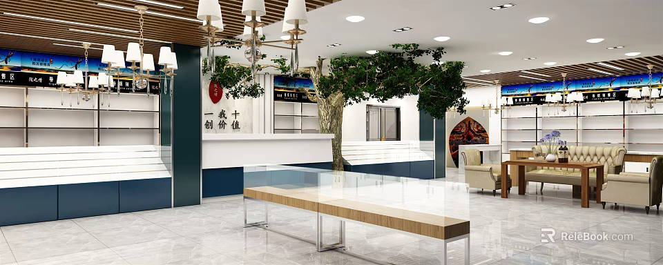 Modern Tobacco And Alcohol Store Interior With Chandeliers Green Plants Display Counters And Sofa Area 3d model 