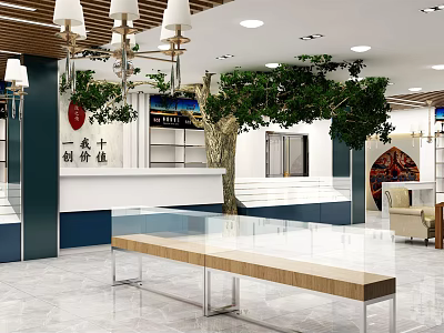 Modern Tobacco And Alcohol Store Interior With Chandeliers Green Plants Display Counters And Sofa Area 3d model