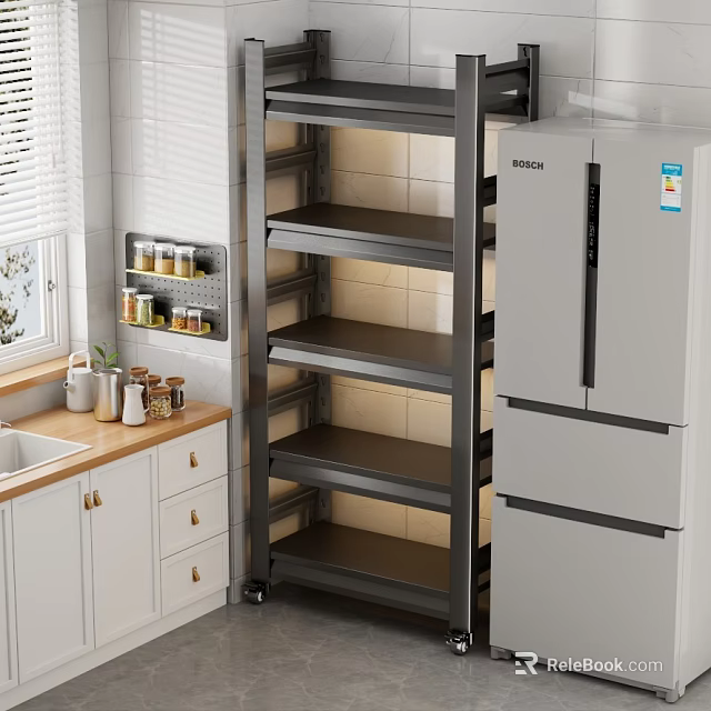 Practical Kitchen Shelving Unit With White Cabinets Sink Refrigerator And Window 3d model