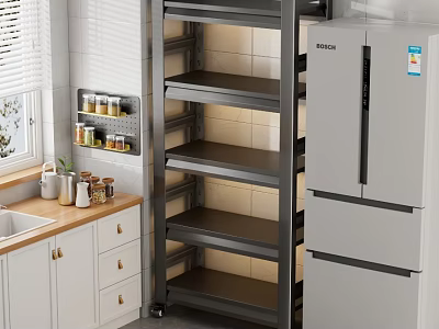Practical Kitchen Shelving Unit With White Cabinets Sink Refrigerator And Window 3d model