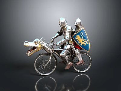 Medieval Knights Riding Dragon Shaped Bicycle With Blue Lion Emblem Shield 3d model