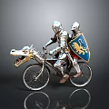 Medieval Knights Riding Dragon Shaped Bicycle With Blue Lion Emblem Shield
