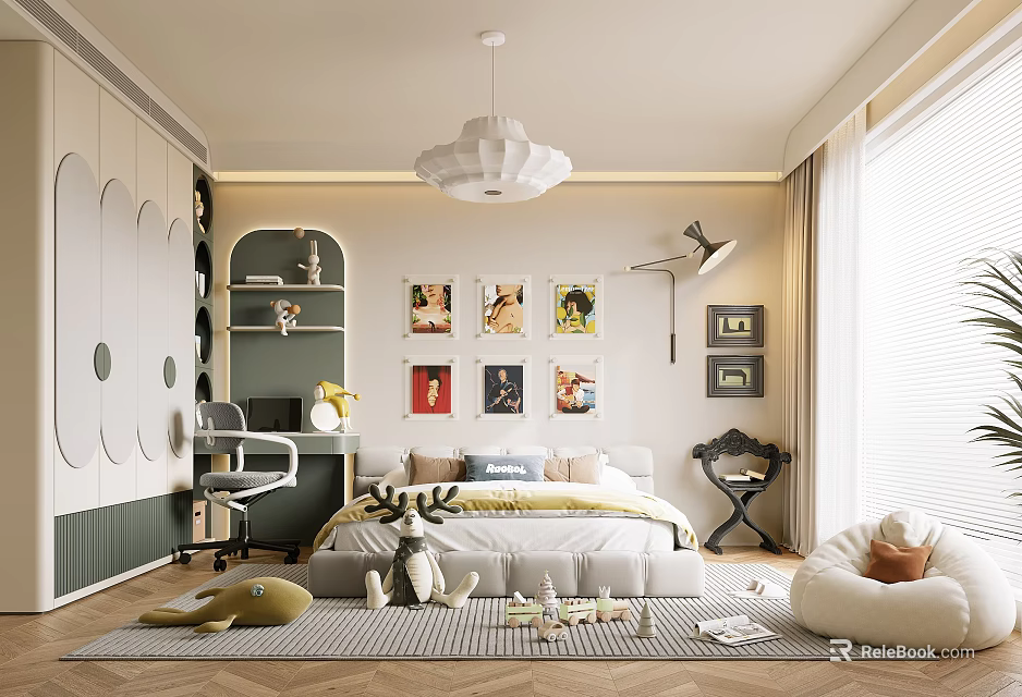 Bright Kids Room Interior With Bed Wall Art Bookshelf Soft Rug And Chandelier 3d model 