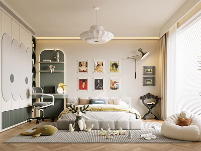Bright Kids Room Interior With Bed Wall Art Bookshelf Soft Rug And Chandelier 3d model