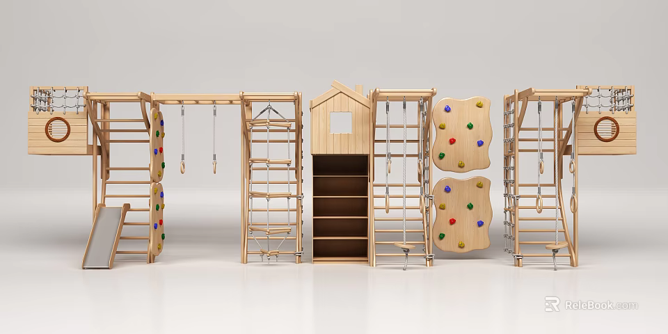 Wooden Playground Equipment with Climbing Frames Swings Playhouse Structure and Colorful Dots Climbing Walls 3d model 