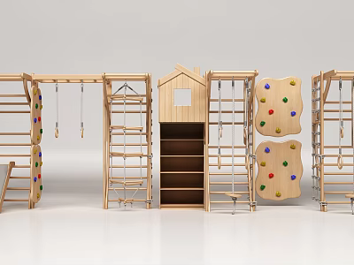 Wooden Playground Equipment with Climbing Frames Swings Playhouse Structure and Colorful Dots Climbing Walls 3d model