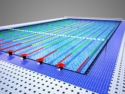 Indoor Swimming Pool with Colorful Lane Lines Tiled Floor and Red Starting Blocks 3d model