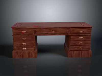 Classic Dark Wooden Writing Desk With Spacious Top Multiple Drawers And Handles 3d model