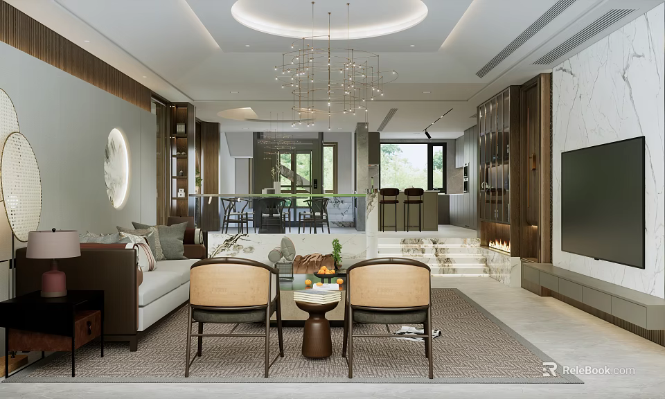 Modern Living And Dining Room Interior With Chandelier Sofa Dining Table And Chairs 3d model 
