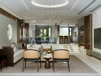 Modern Living And Dining Room Interior With Chandelier Sofa Dining Table And Chairs 3d model