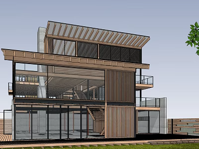 Modern Detached Villa With Large Glass Windows Wooden Elements And Balconies 3d model