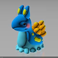 Cute Blue Cartoon Creature Character with Yellow Horns Pink Cheeks Yellow Spots and Flower Back