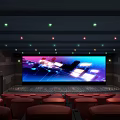 Cinema Interior With Red Seats Dark Walls And Colorful Ceiling Lights
