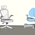 Modern Two Blue And Gray Office Chairs With Dual Back Mesh Design And Ergonomic Armrests
