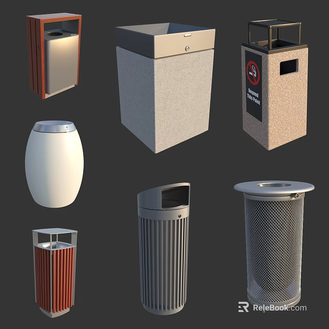 Public Outdoor Trash Bins In Various Designs Using Metal Stone Mesh Materials 3d model 