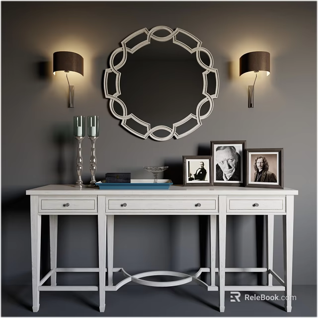 White Dressing Table With Circular Decorative Mirror Wall Lamps Candlesticks Books And Photo Frames 3d model 