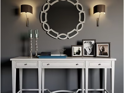White Dressing Table With Circular Decorative Mirror Wall Lamps Candlesticks Books And Photo Frames 3d model