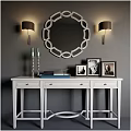 White Dressing Table With Circular Decorative Mirror Wall Lamps Candlesticks Books And Photo Frames