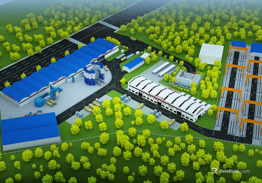Industrial Factory Layout With Blue Roof Buildings Green Trees Roads And Orange Cranes 3d model 
