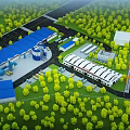 Industrial Factory Layout With Blue Roof Buildings Green Trees Roads And Orange Cranes