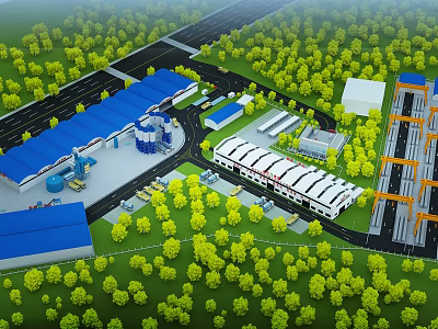 Industrial Factory Layout With Blue Roof Buildings Green Trees Roads And Orange Cranes 3d model