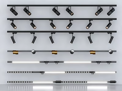 Sleek Modern Black Track Mounted Downlights And Spotlights With Adjustable Heads For Home Lighting 3d model