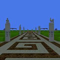 Symmetrical Square Garden On Green Lawn With Circular Paths Central Pattern And Benches 3d model