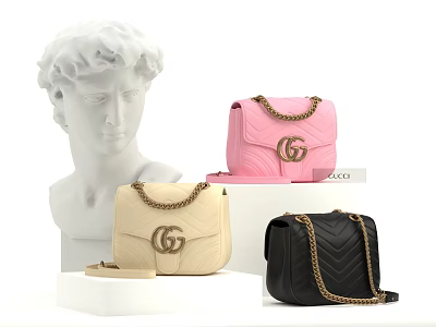 Gucci Fashion Handbags Collection With Pink Beige Black Chain Straps And Logo Design 3d model