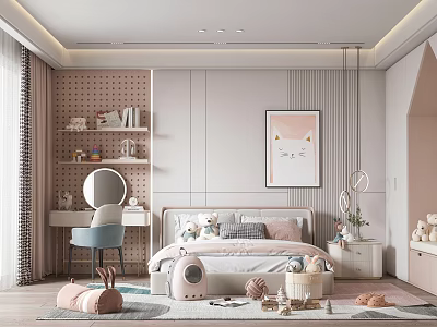 Cozy Kids Room Interior Design With Pastel Pink Walls Bed Plush Toys And Bookshelf 3d model