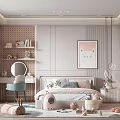 Cozy Kids Room Interior Design With Pastel Pink Walls Bed Plush Toys And Bookshelf