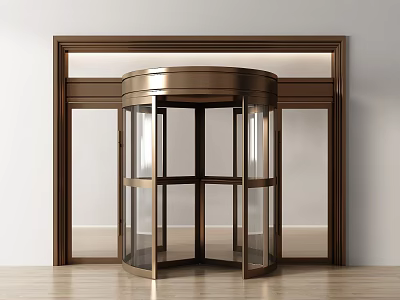Modern Revolving Door With Brass Frame And Glass Panels In Wooden Entrance Surround 3d model