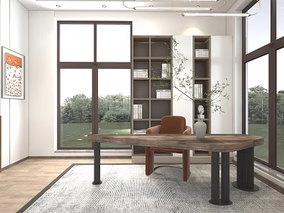 Modern Study Room Interior With Large Windows Wooden Desk Brown Chair And Bookshelf 3d model
