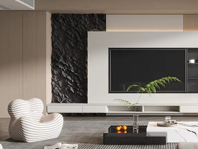 Modern Living Room Interior Design With TV Wall Sofa Coffee Table And Decorative Plant 3d model