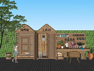 Wooden Garden Sheds with Feed Storage Tool Room and Potted Plants 3d model