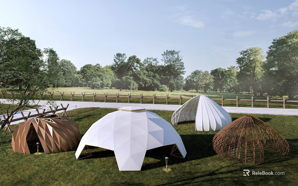 Various Designed Outdoor Tents In Grassy Garden With Trees And Wooden Fence 3d model 